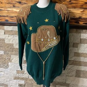 Vintage 1980’s Union Made Embellished Knit Sweater Western Rhinestones Cowgirl